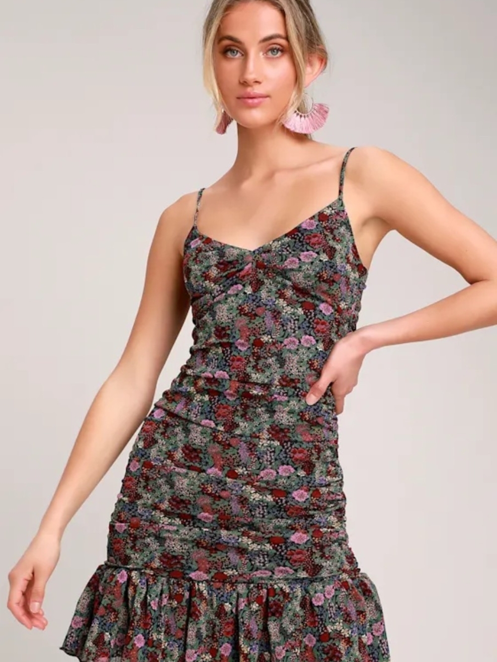 Let's Party Green & Pink Floral Print Ruched Mini Dress Flirty Bodycon Size XS